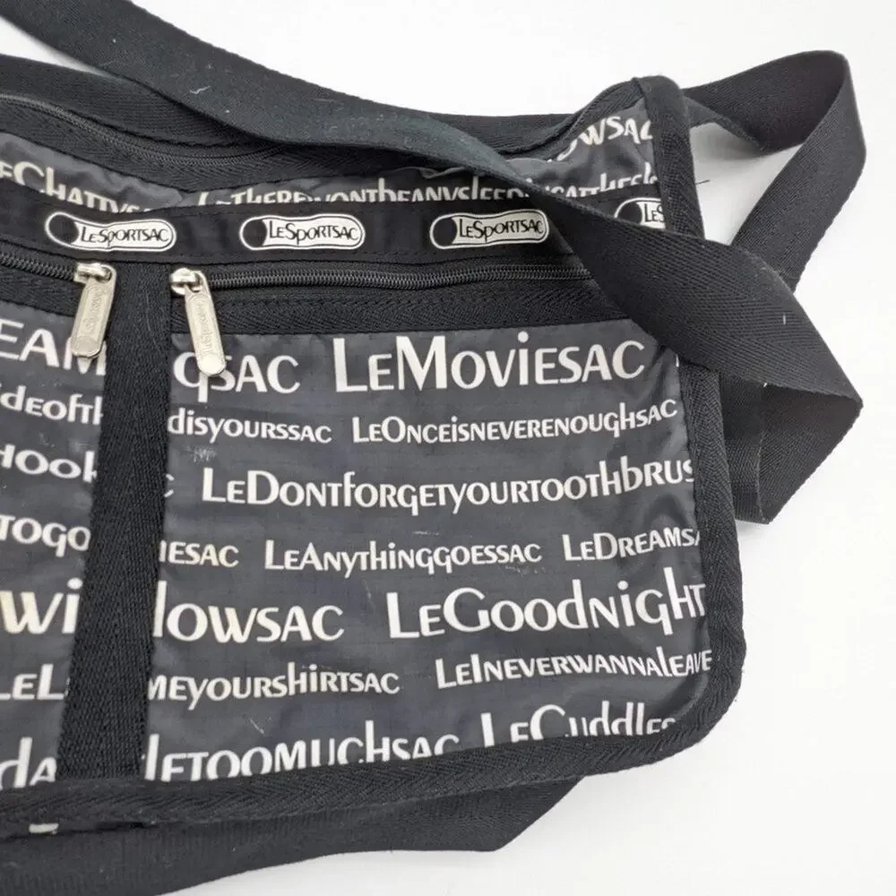LeSportSac Black All Over Text Print Everyday Messenger Adjustable Crossbody Bag
